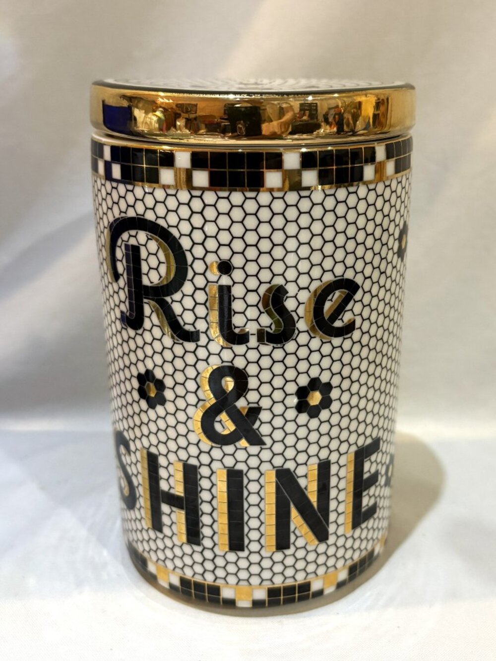 Anthropologie Porcelain Bistro Mosaic Tile Rise & Shine Lidded Canister